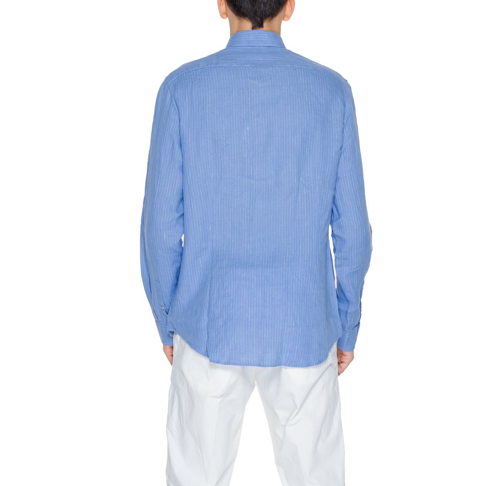 Back view of a Calvin Klein Blue Linen Dress Shirt, showcasing relaxed fit and classic design with a discreet chest logo.
