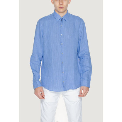 Calvin Klein Blue Linen Dress Shirt with long sleeves, button-up front, and traditional collar, perfect for warm seasons.