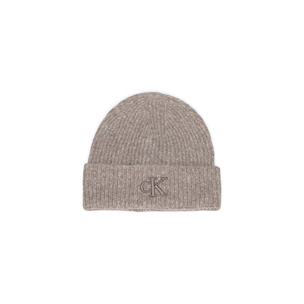 Calvin Klein Brown Marabou Cap (Baseball Hat) beanie featuring ribbed design and embroidered logo on front, stylish winter accessory.
