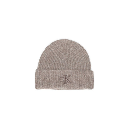 Calvin Klein Brown Marabou Cap (Baseball Hat) beanie featuring ribbed design and embroidered logo on front, stylish winter accessory.