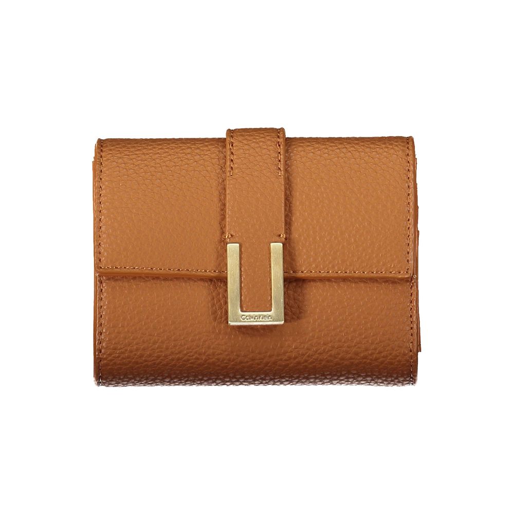 Calvin Klein Brown Polyester Women Wallet with iconic logo snap closure and textured finish.