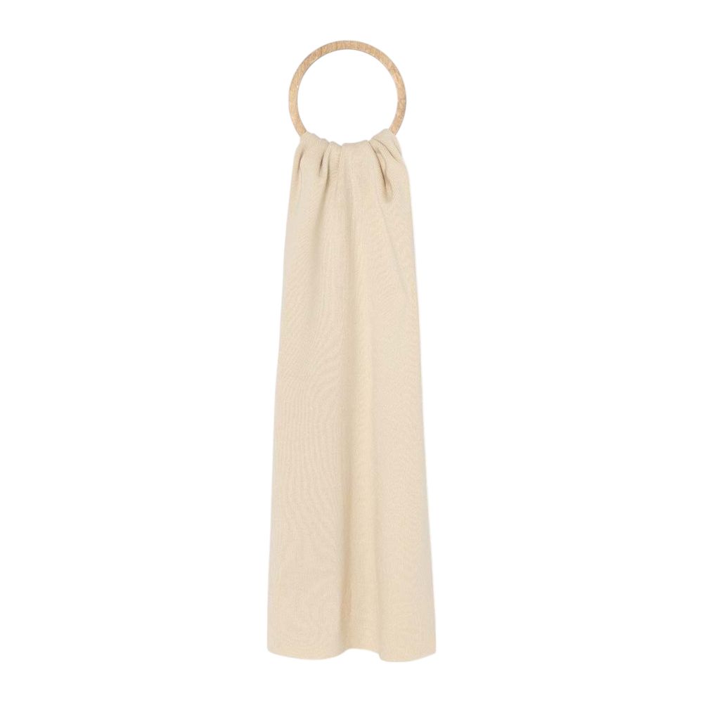 Calvin Klein Cream Recycled Polyester Scarf hanging elegantly on a ring, showcasing its eco-friendly and sophisticated design with embroidered monogram.