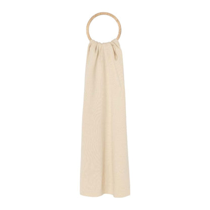 Calvin Klein Cream Recycled Polyester Scarf hanging elegantly on a ring, showcasing its eco-friendly and sophisticated design with embroidered monogram.