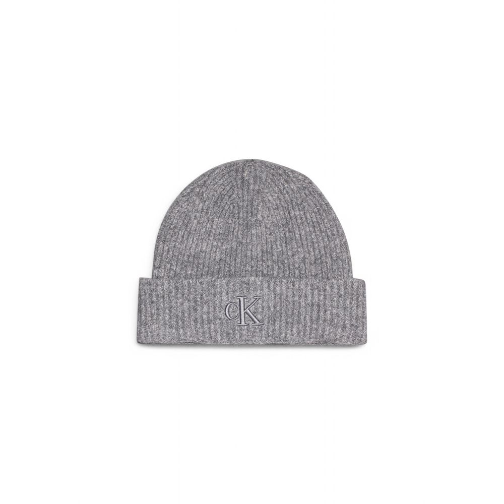 Calvin Klein Gray Marabou Cap (Baseball Hat) on white background, stylish ribbed winter beanie with embroidered logo for warmth and comfort.