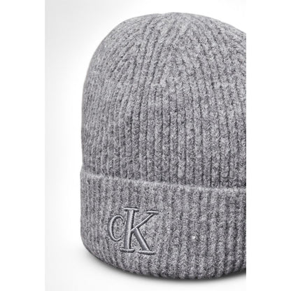 Calvin Klein Gray Marabou Cap (Baseball Hat) with CK logo, ribbed design, stylish winter accessory for women.