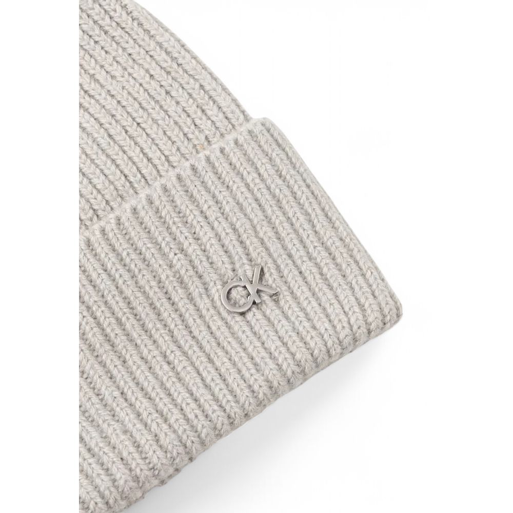 Calvin Klein Gray Wool Cap (Baseball Hat) with CK logo, chunky ribbed wool-cashmere blend for winter warmth and style.
