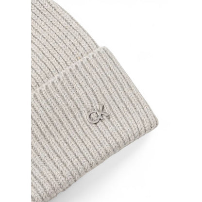 Calvin Klein Gray Wool Cap (Baseball Hat) with CK logo, chunky ribbed wool-cashmere blend for winter warmth and style.