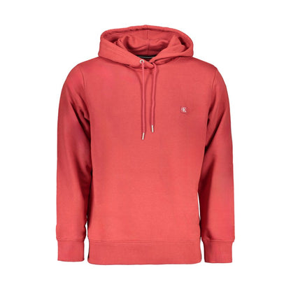Calvin Klein Red Cotton Sweatshirt, long-sleeved with hood, brushed material, featuring logo and made with 50% regenerative cotton.