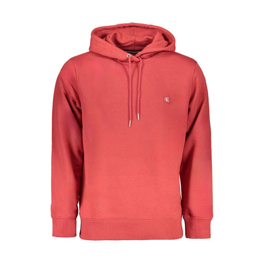 Calvin Klein Red Cotton Sweatshirt, long-sleeved with hood, brushed material, featuring logo and made with 50% regenerative cotton.
