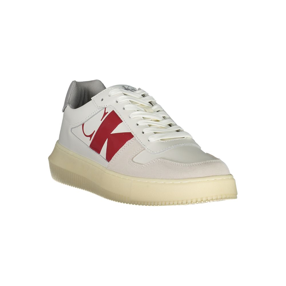 Calvin Klein Sleek White Lace-Up Sneakers with Contrast Details featuring a bold logo on the side, crafted with sustainable materials.
