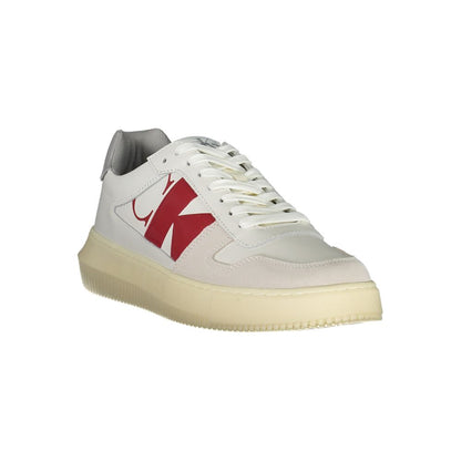 Calvin Klein Sleek White Lace-Up Sneakers with Contrast Details featuring a bold logo on the side, crafted with sustainable materials.