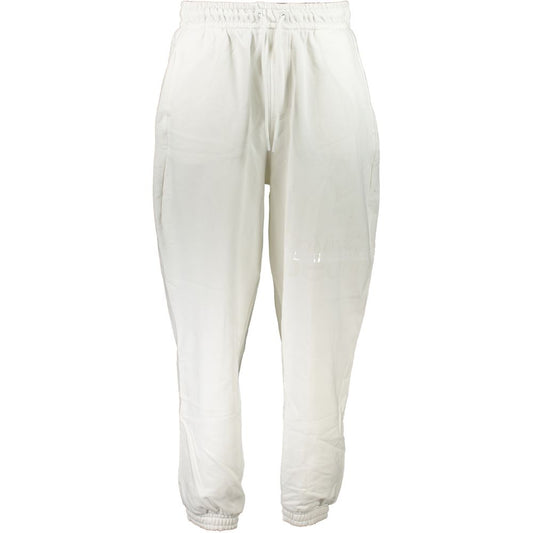 Calvin Klein White Cotton Pant with elastic waist, ankle cuffs, logo print, and three pockets. Ideal sports trousers for comfort and style.