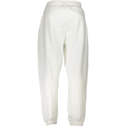 Calvin Klein White Cotton Pant with elastic waist, laces, 3 pockets, brushed fabric, ankle elastic, and logo print. Sports trousers.