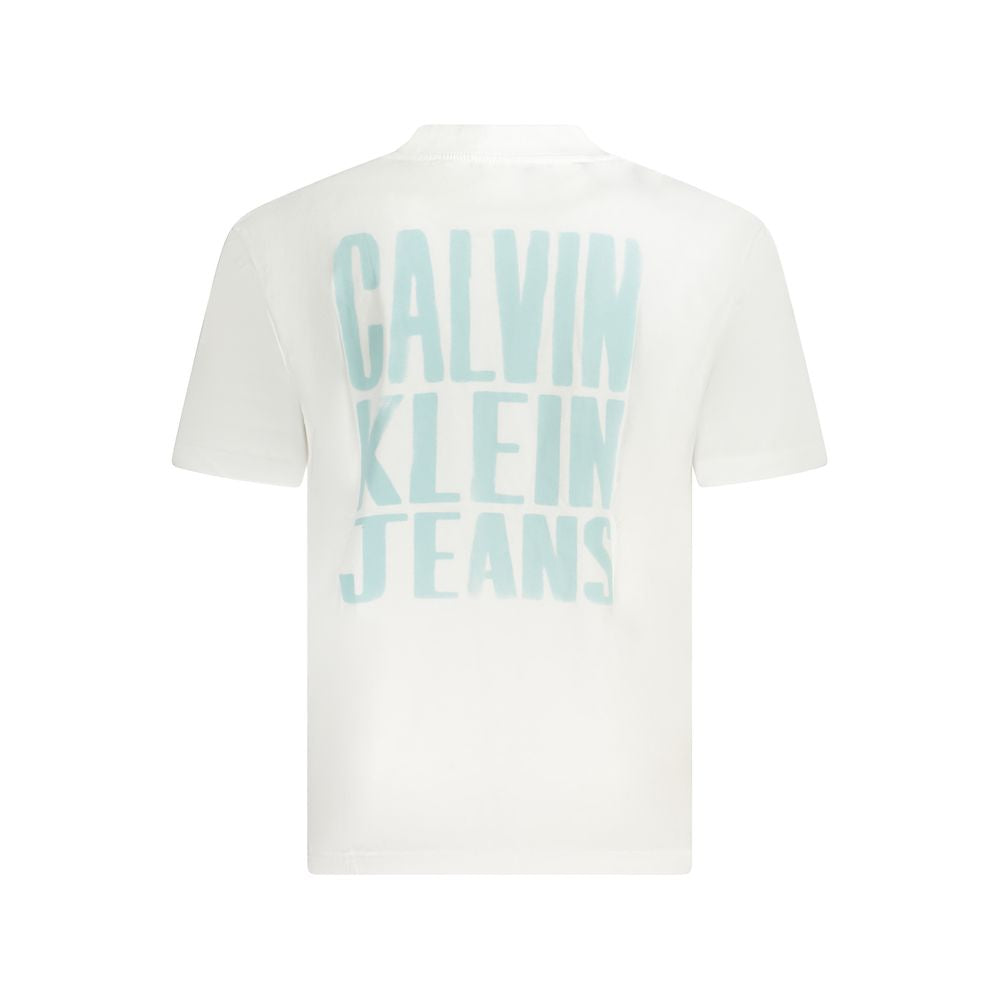 Back view of Calvin Klein White Cotton T-Shirt with logo print and crew neck, featuring 95% regenerative cotton.
