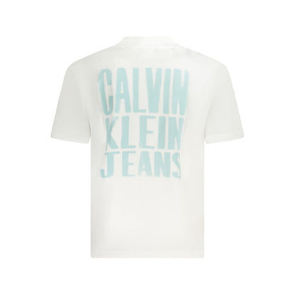 Back view of Calvin Klein White Cotton T-Shirt with logo print and crew neck, featuring 95% regenerative cotton.