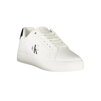 Calvin Klein White Leather Women Sneaker with black details and iconic logo, offering stylish comfort and luxury.