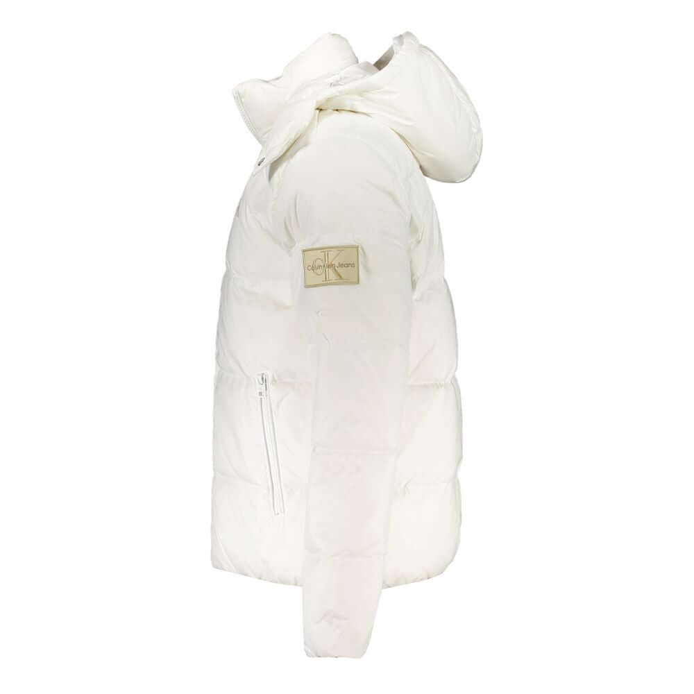Calvin Klein White Polyamide Men Jacket with removable hood and logo, showcasing eco-friendly style and utility.