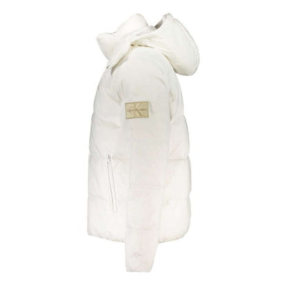 Calvin Klein White Polyamide Men Jacket with removable hood and logo, showcasing eco-friendly style and utility.
