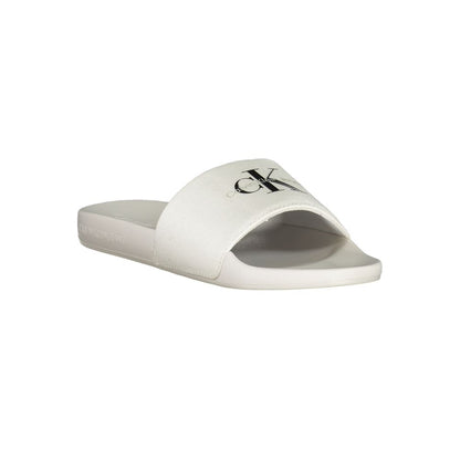 Calvin Klein White Polyester Women Sandal with logo print, perfect for poolside or casual city strolls, featuring sophisticated design.