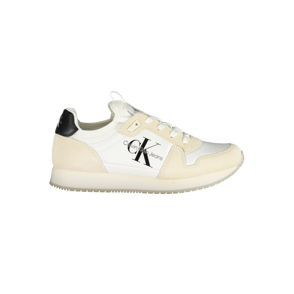 Calvin Klein White Polyester Women Sneaker with logo, chic design; 50% recycled material for style and sustainability.