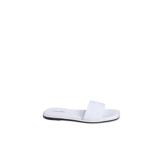 Calvin Klein White Recycled Polyester Sandals on white background, made with 70% recycled polyester and 30% natural rubber.