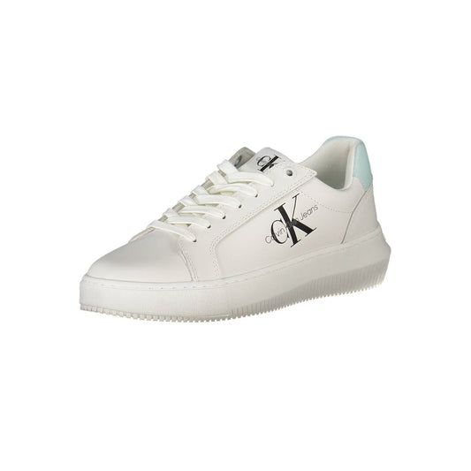 Calvin Klein White Recycled Polyester Women Sneaker with bold logo, eco-friendly design, and chic style for trendsetters.