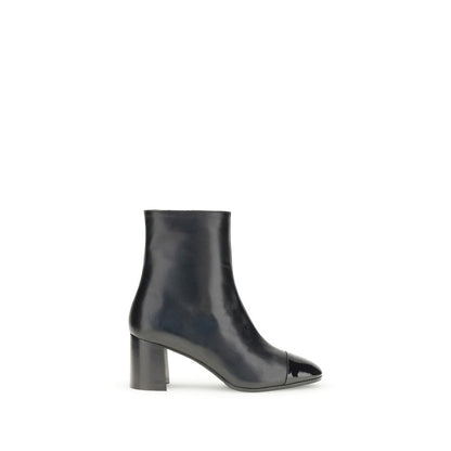 Carel Paris Black Leather Ankle Boots with patent toe and flared heel, side zip closure, perfect for AW25 season elegance.