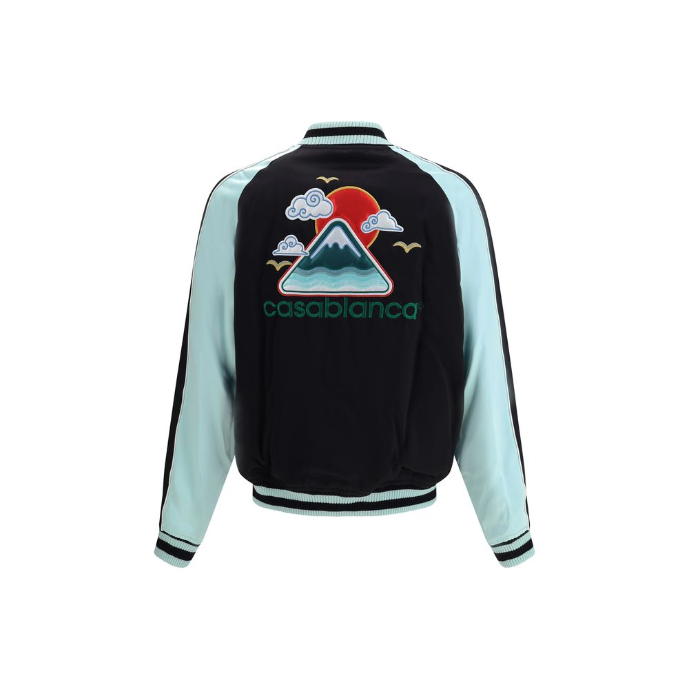 Back view of Casablanca Black Viscose Bomber with logo embroidery, showcasing mountain and cloud design, AW25 collection.