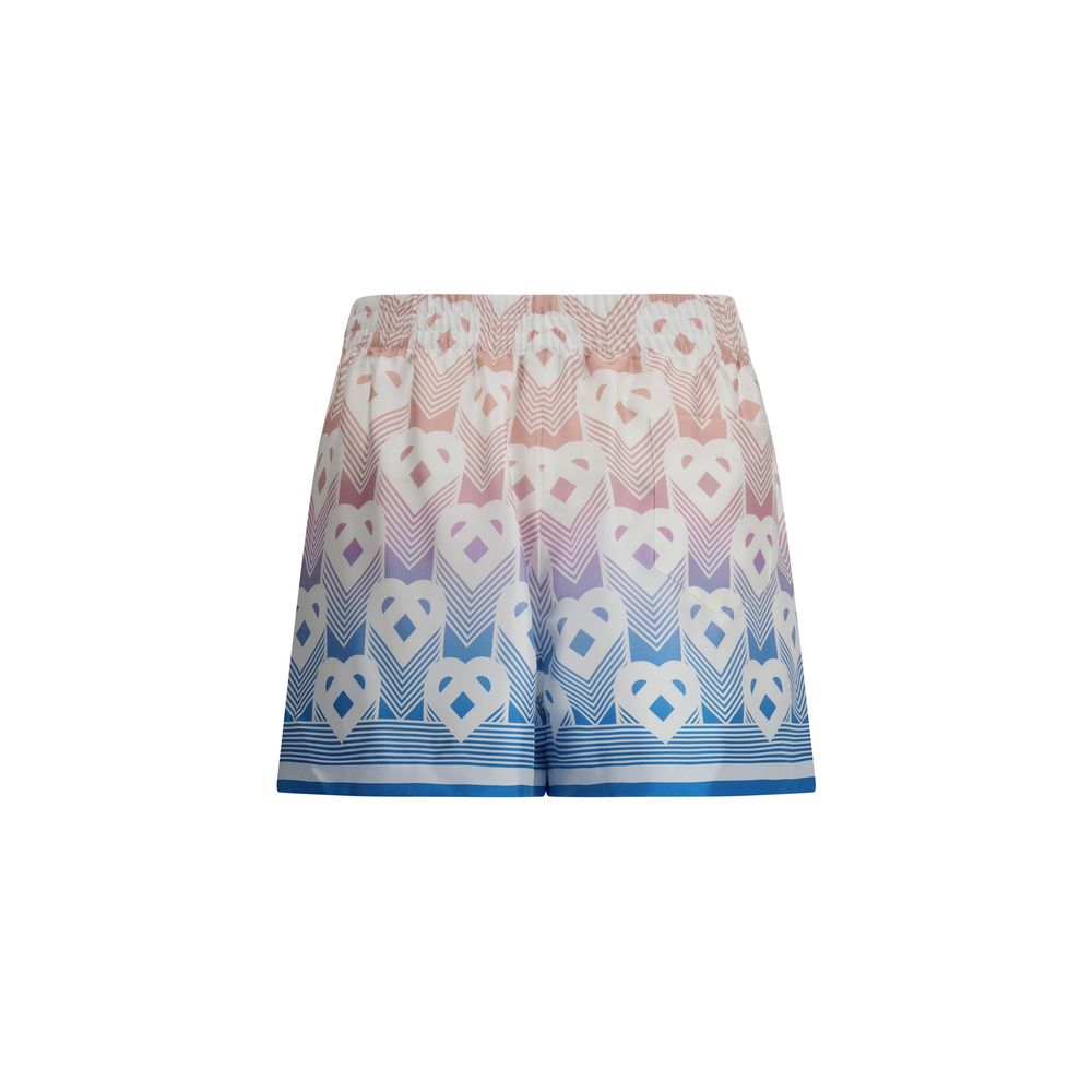 Casablanca Multicolor Silk Bermuda Shorts with gradient heart pattern and striped detailing, featuring an elastic drawstring waist, back pocket.