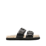 Castañer Castaner Sandals Black with double buckle, open toe, braided raffia sole, rubber outsole, 1.2 in heel. Stylish Ter leather flats.