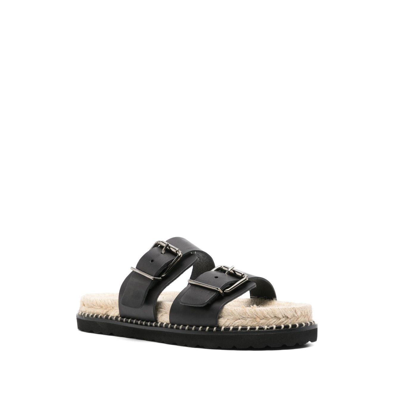 Castañer Castaner Sandals Black with double buckle, open toe, braided raffia sole, flat 1.2 inch heel, and rubber outsole.