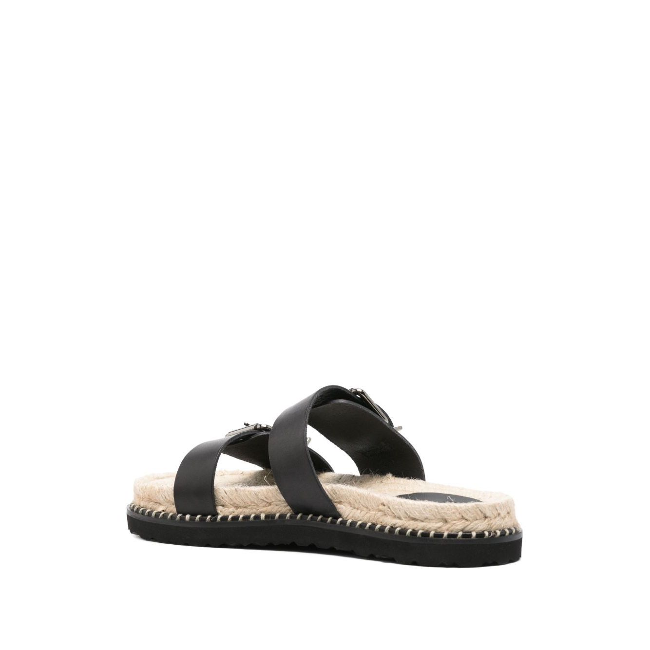 Castañer Castaner Sandals Black with double buckle, open toe, braided raffia sole, rubber outsole, leather flat sandals, 1.2 inch heel.