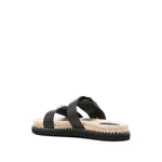 Castañer Castaner Sandals Black with double buckle, open toe, braided raffia sole, rubber outsole, leather flat sandals, 1.2 inch heel.