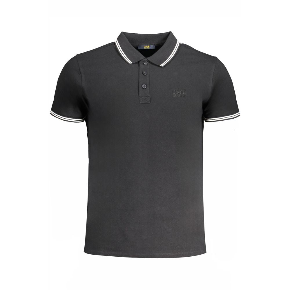 Cavalli Class Black Cotton Polo Shirt with short sleeves, 3 buttons, contrast details, embroidery, and logo.