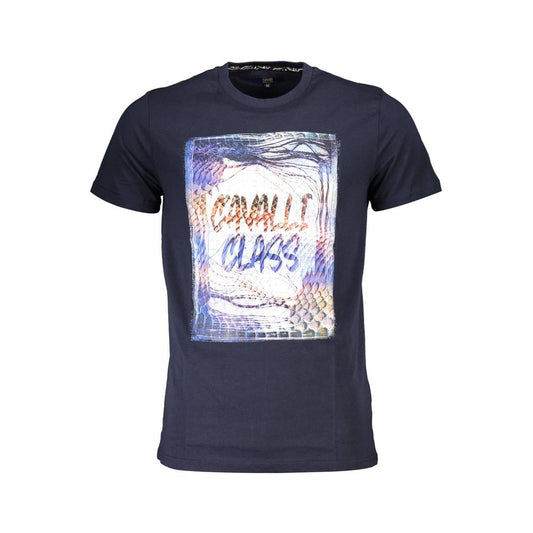 Cavalli Class Blue Cotton Men T-Shirt with logo print, showcasing contemporary fashion style.