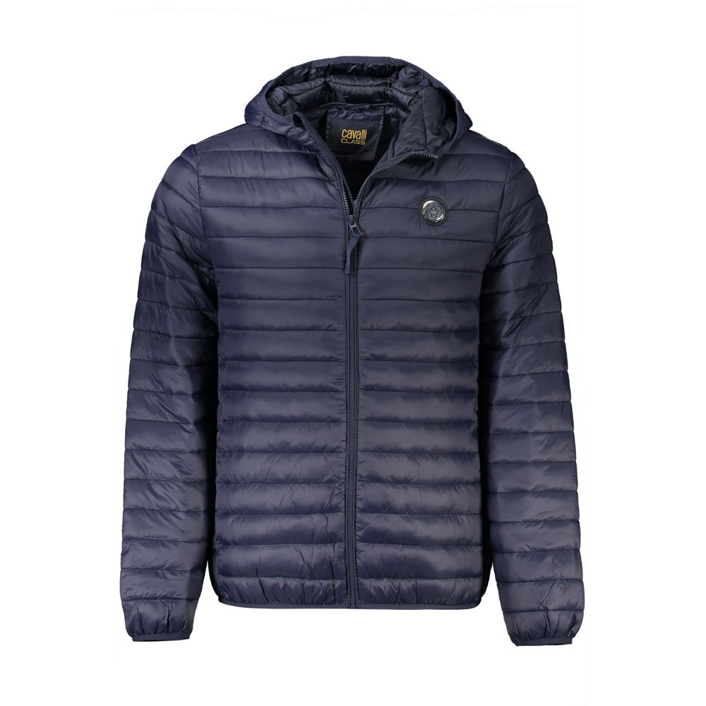 Cavalli Class Blue Polyamide Men Jacket with hood and logo, featuring zip fastening and button pockets for style and functionality.