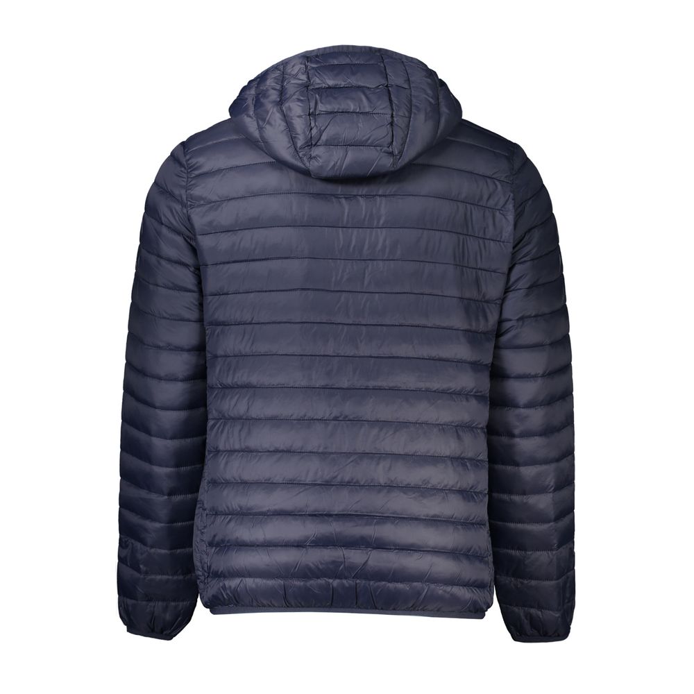 Back view of Cavalli Class Blue Polyamide Men Jacket with hood and padding.