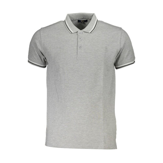 Grey men's polo shirt with black and white trim, front view.