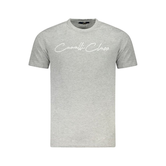 Cavalli Class Gray Cotton Men T-Shirt with short sleeves and signature print, showcasing casual luxury and bold Cavalli style.