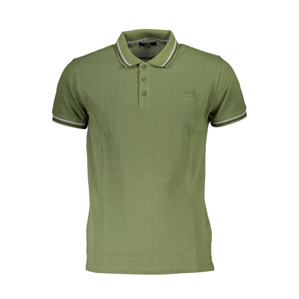 Cavalli Class Green Cotton Men Polo Shirt with embroidery and logo, casual sophistication for men, luxury fashion in green cotton.