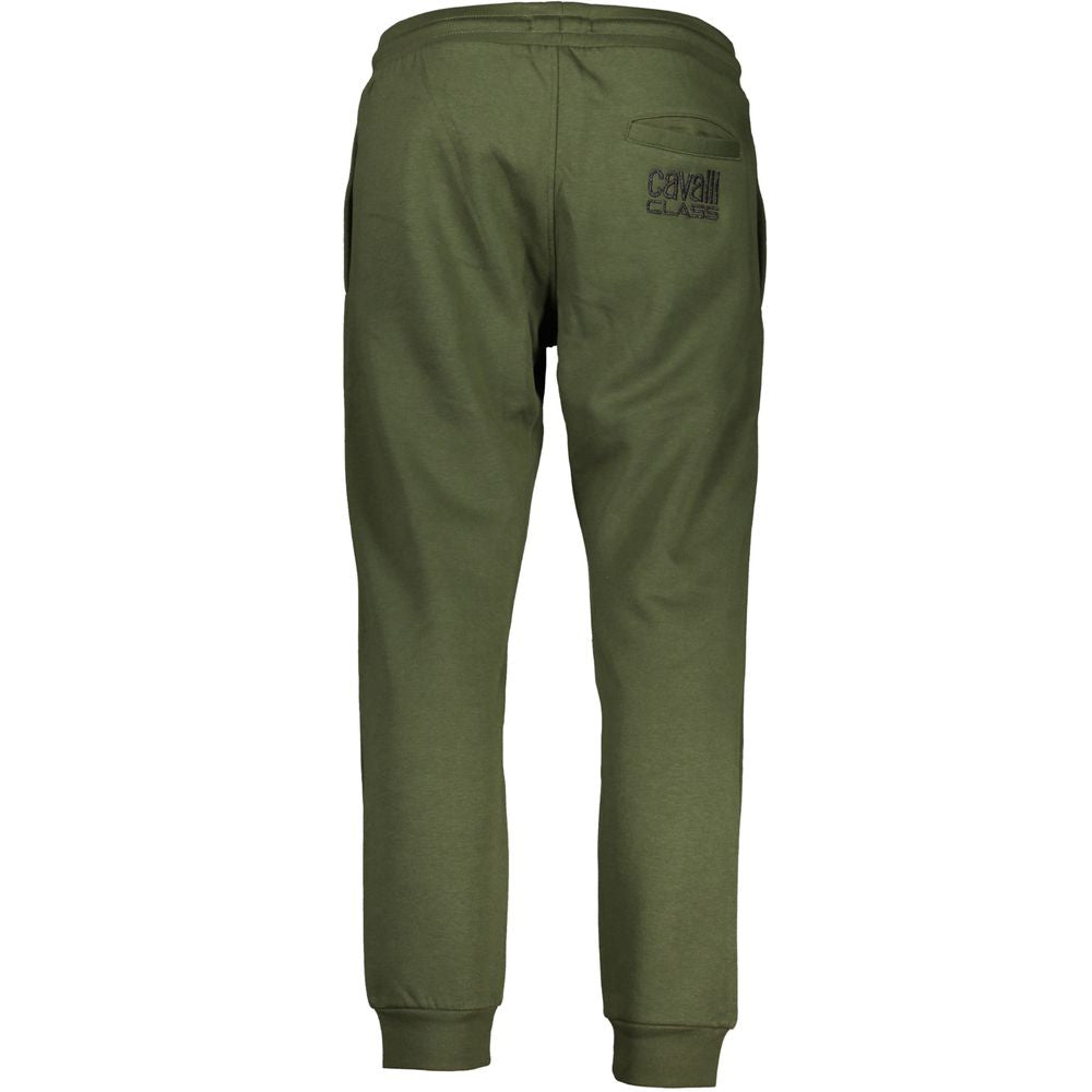 Cavalli Class Green Cotton Pant featuring embroidery and logo, elastic waist trousers with laces, three pockets, ankle cuff.
