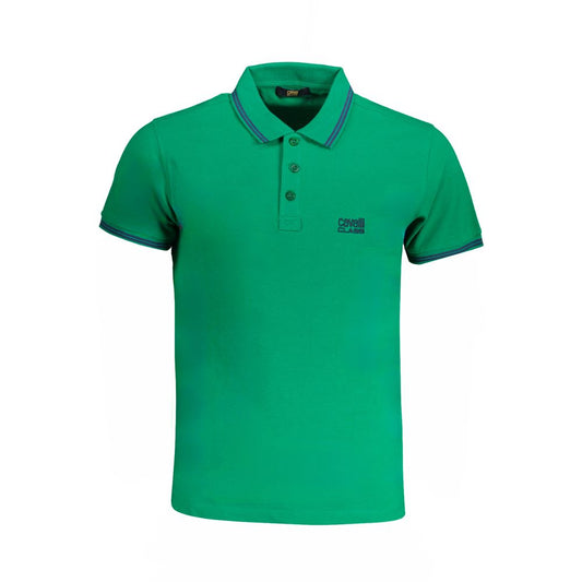 Cavalli Class Green Cotton Polo Shirt with short sleeves, 3 buttons, contrast details, embroidery, and logo.