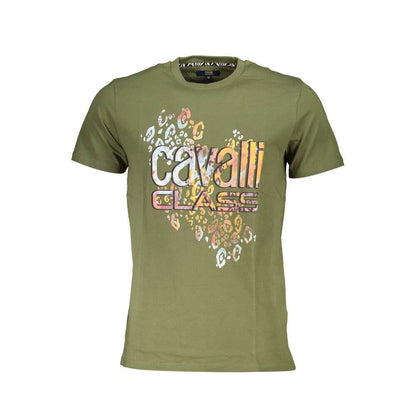 Cavalli Class Green Cotton T-Shirt with short sleeves, round neck, and logo print design