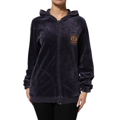 Cavalli Class Purple Cotton Blend Velvet Zip-Up Hoodie Sweatshirt Sweater