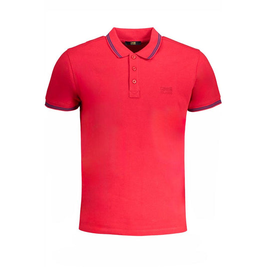 Cavalli Class Red Cotton Polo Shirt, short sleeved with 3 buttons, contrast details, and logo embroidery. Perfect for a stylish casual look.