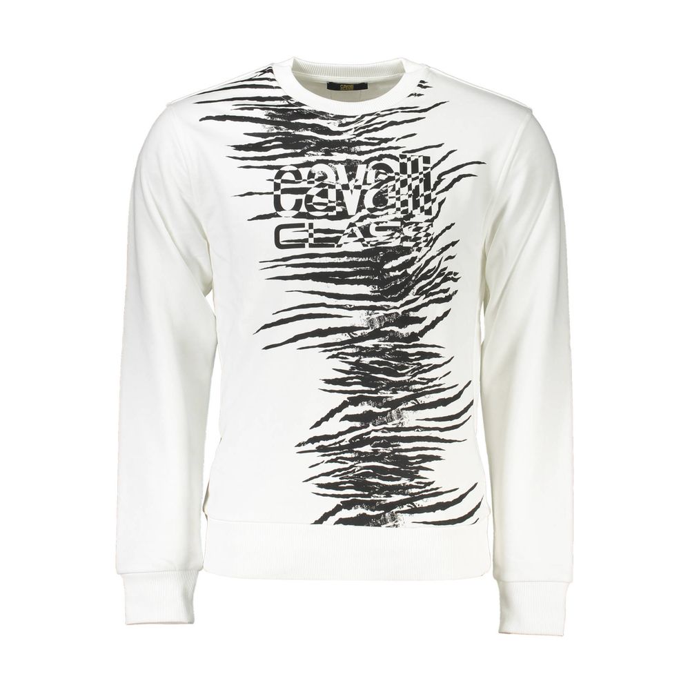 Cavalli Class White Cotton Men Sweater with striking print and logo, luxury designer sweatshirt, premium cotton blend for comfort
