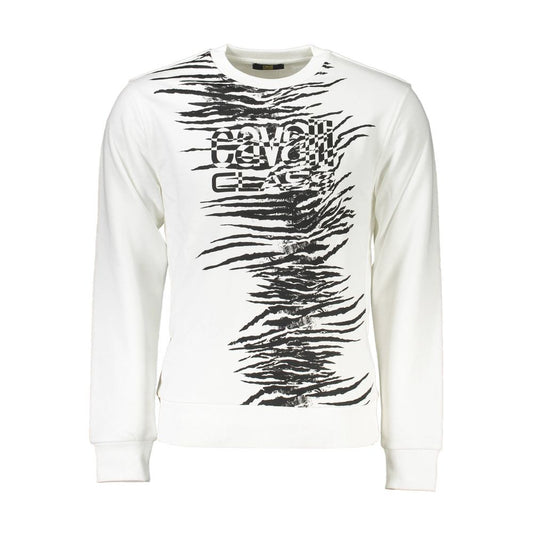 Cavalli Class White Cotton Men Sweater with striking print and logo, luxury designer sweatshirt, premium cotton blend for comfort