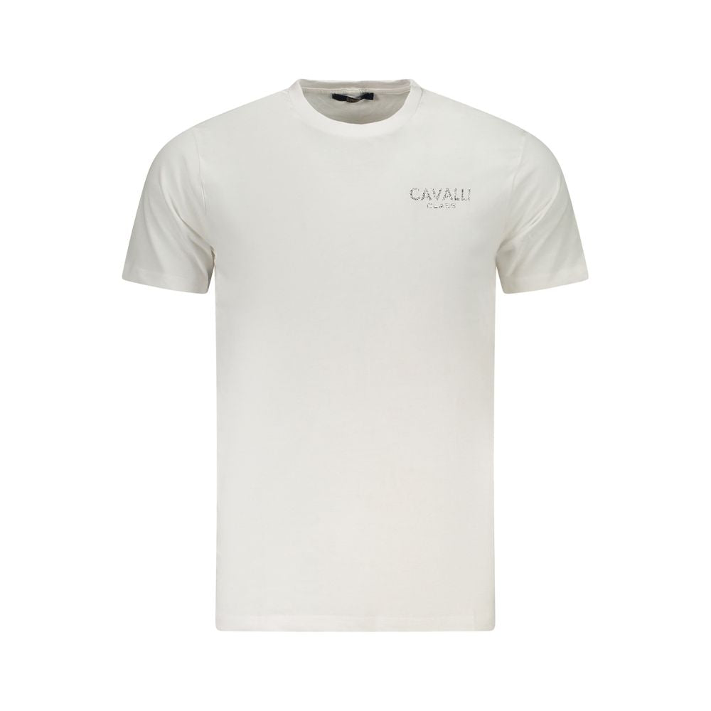Cavalli Class White Cotton Men's T-Shirt featuring bold logo print, a high-fashion statement piece with distinctive style.
