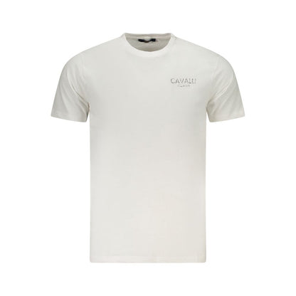 Cavalli Class White Cotton Men's T-Shirt featuring bold logo print, a high-fashion statement piece with distinctive style.