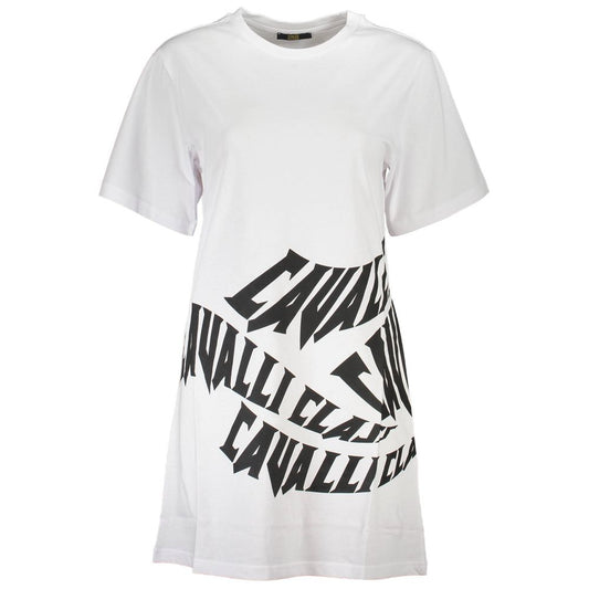 Cavalli Class White Cotton Women Dress with bold logo print, short sleeves, contemporary chic style
